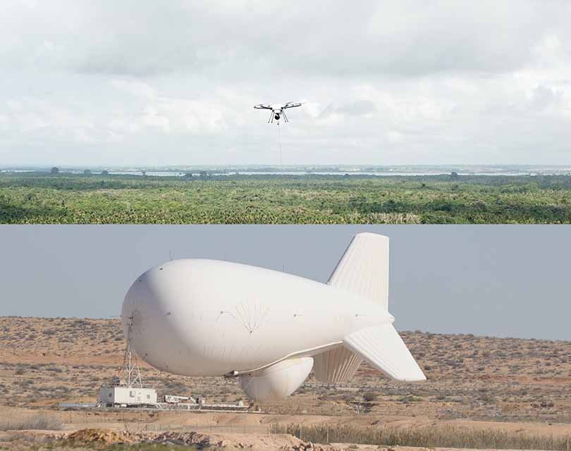 2 different images showing a tethered drone versus a captive aerostat