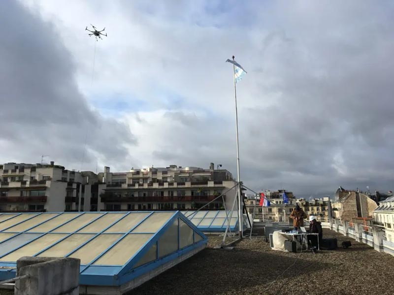 Tethered drone operating in urban areas