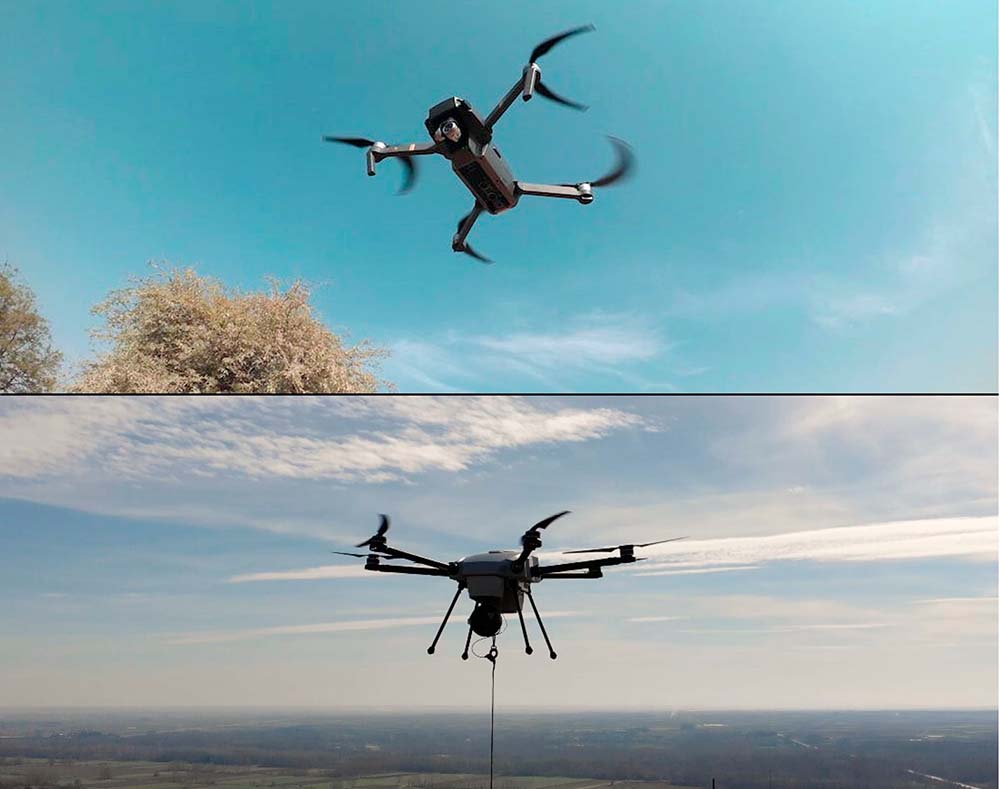 2 different pictures in the same frame. The upper one shows a free flying drone while the bottom one shows a tethered drone system