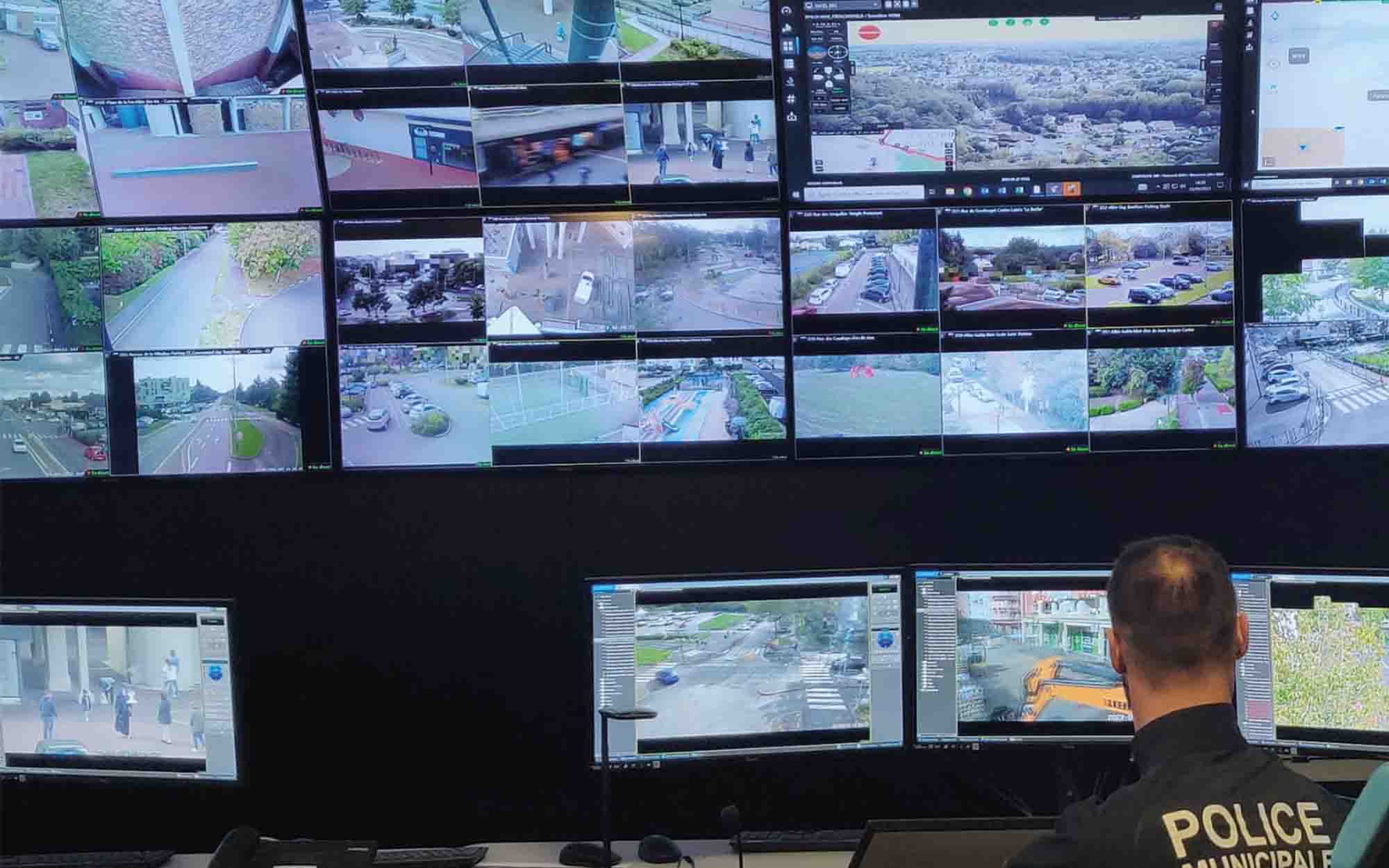 Surveillance system with multiple surveillance screens including a drone view