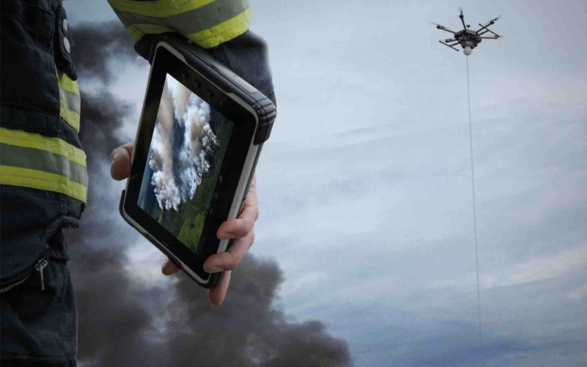 Tethered drone being used for firefighting operations