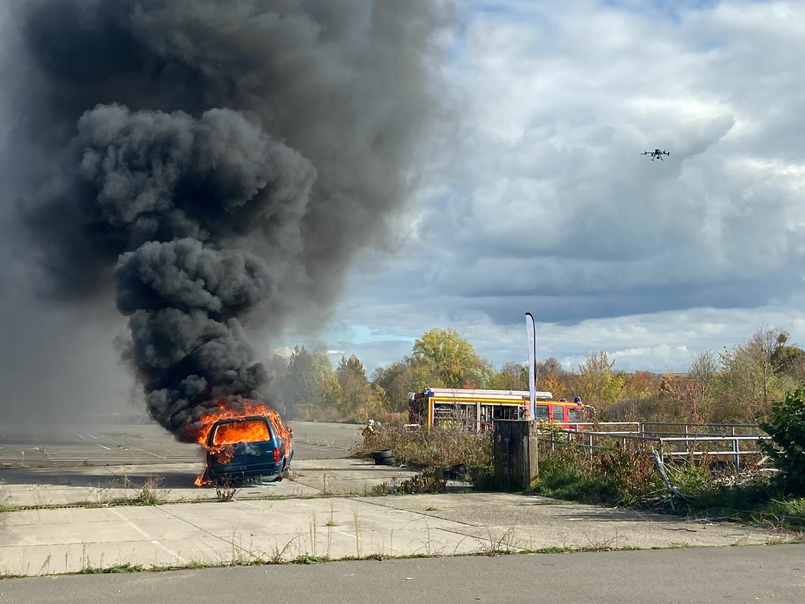 Drone arriving at an emergency scene to assist first responders