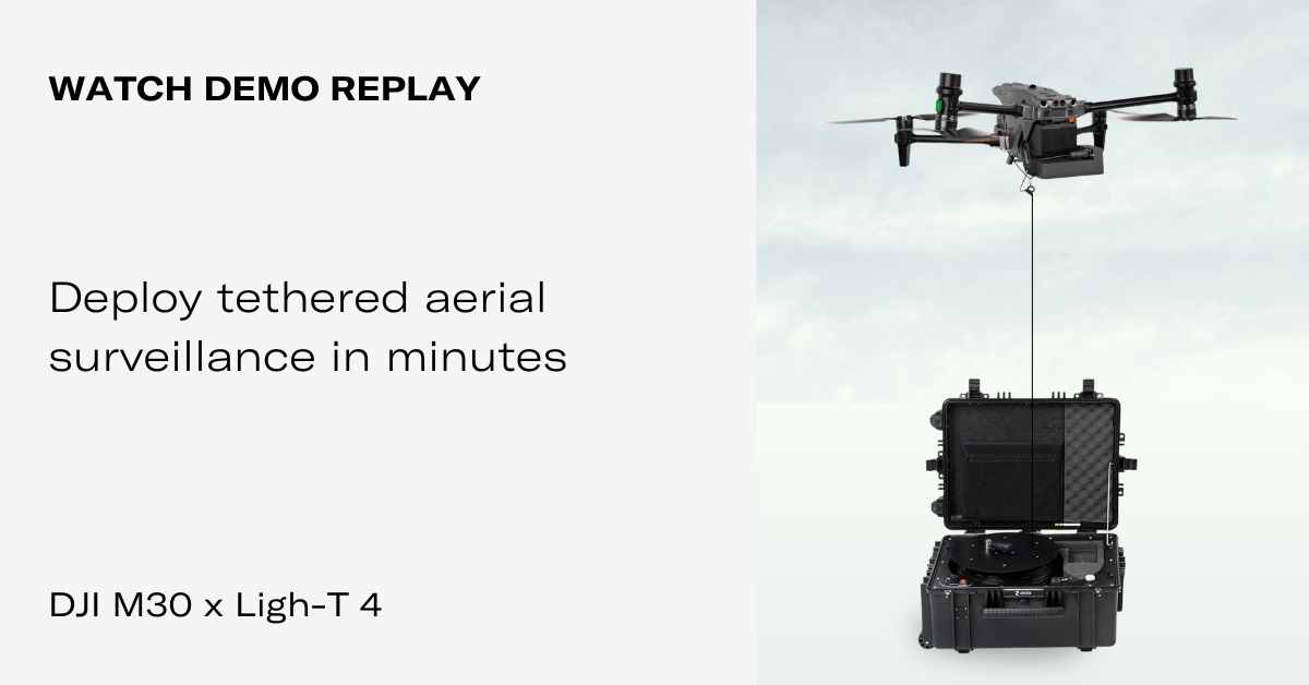 A DJI M30 drone tethered with a Ligh-T tethering station from Elistair